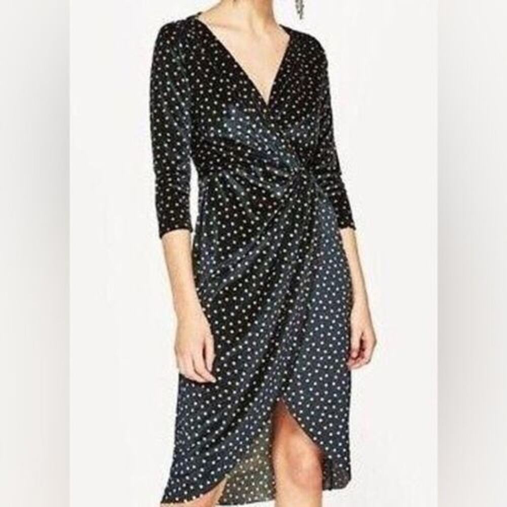 Zara Basic Collection Dress XS Black Gold Polka Dot Velvet Velour Half Sleeve